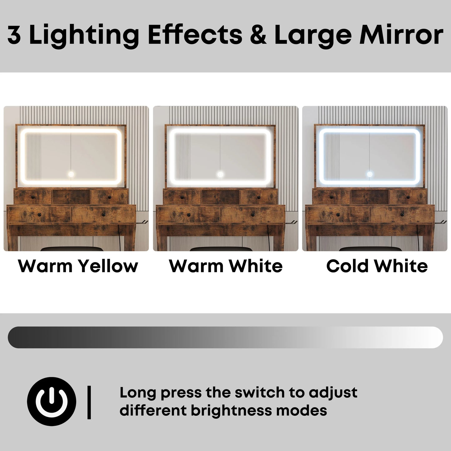 Ljustra Vanity Desk with LED Mirror Power Outlet and 4 Drawers