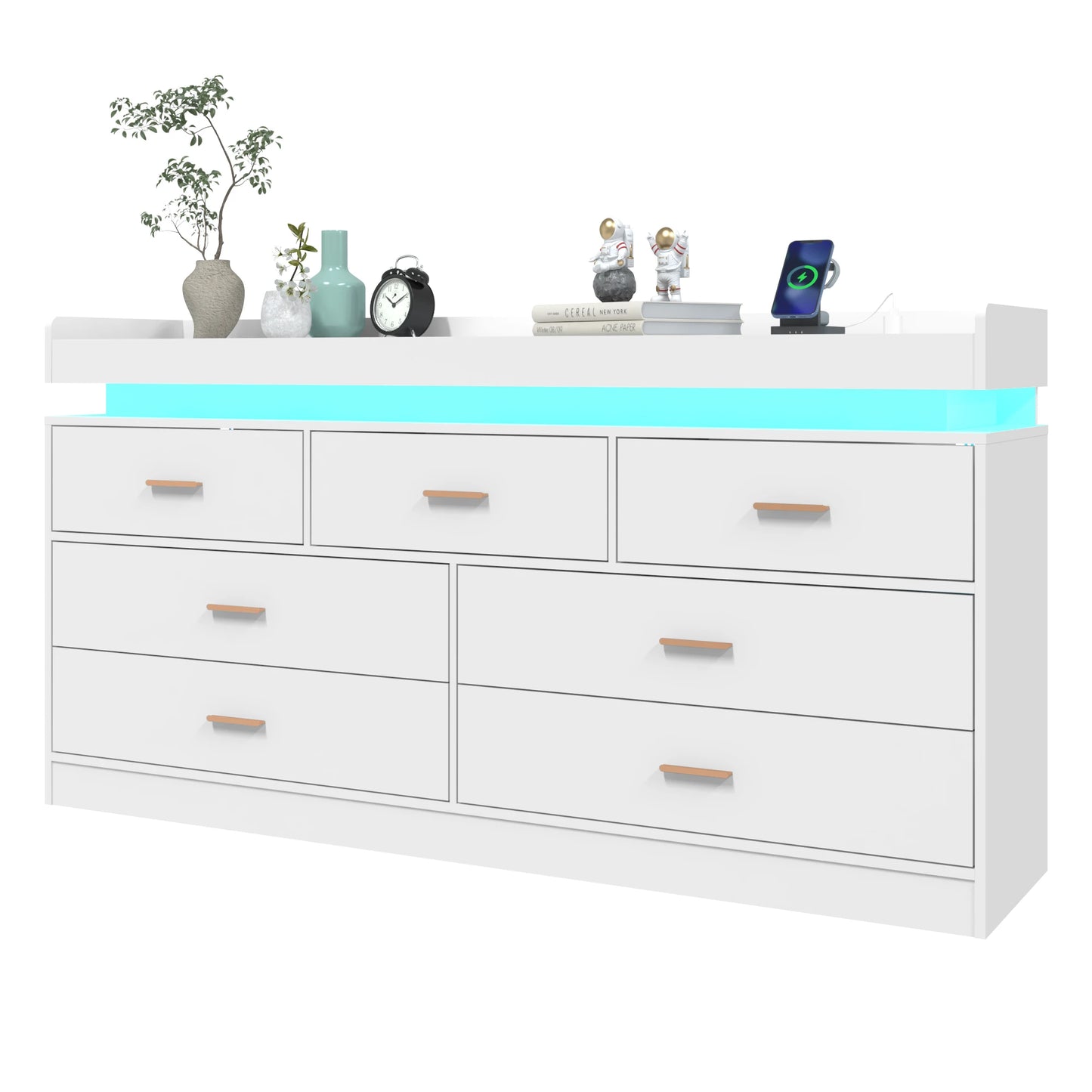Modern 7 Drawer Dresser with LED Light Charging Station Chest of Drawers