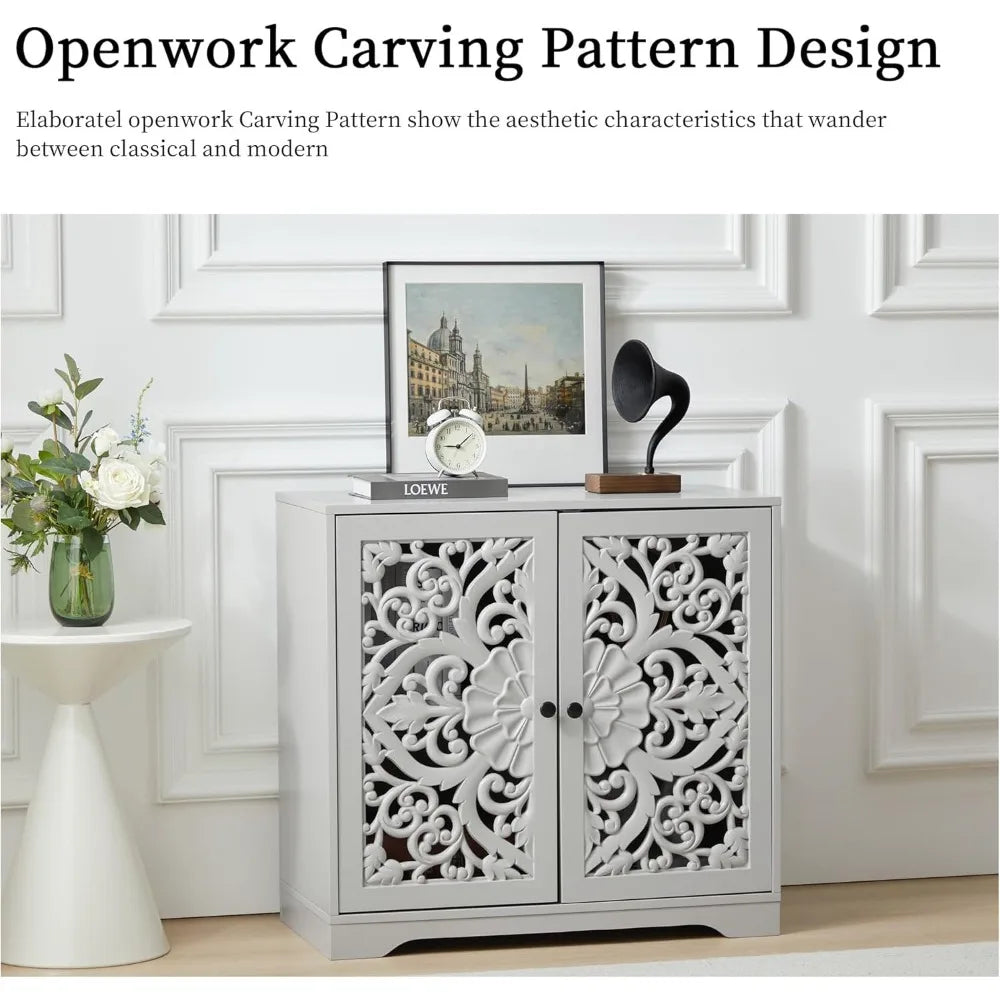 Buffet Cabinet Wooden Carved Sideboard Storage Adjustable Shelves Accent