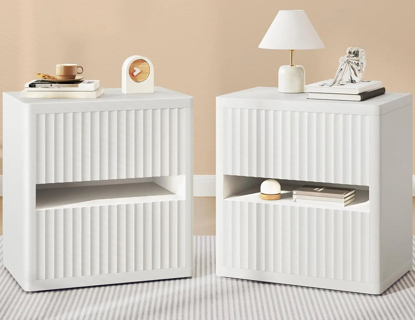 Ljustra Fluted Nightstand 2 Drawers Modern Mid-Century Storage Table