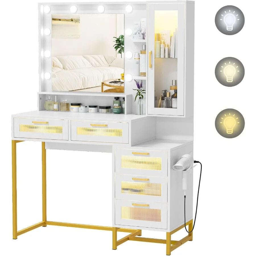 Women Vanity Desk with Mirror and Lights Makeup Table 5 Drawers 40 Inch