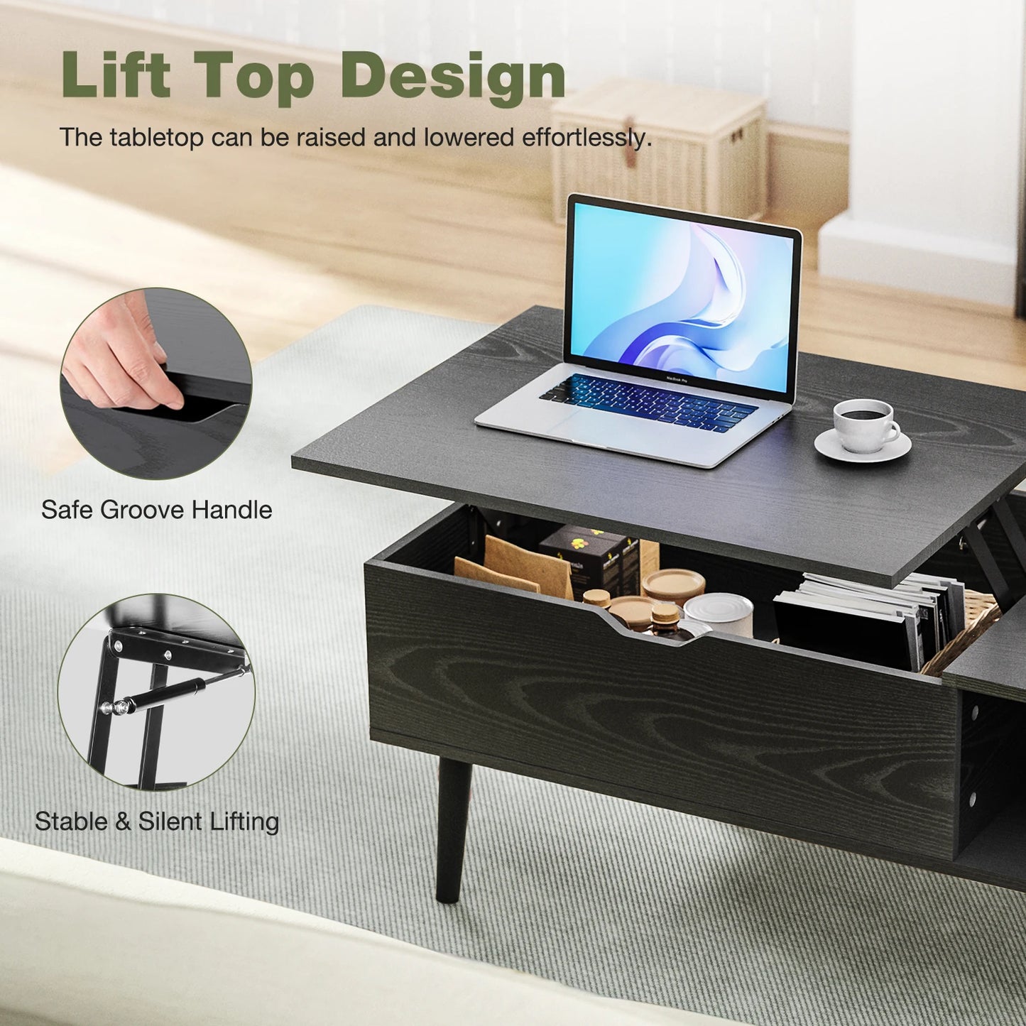 Ljustra Lift Top Coffee Table Modern Adjustable Storage Living Room 39.37"x19.7"