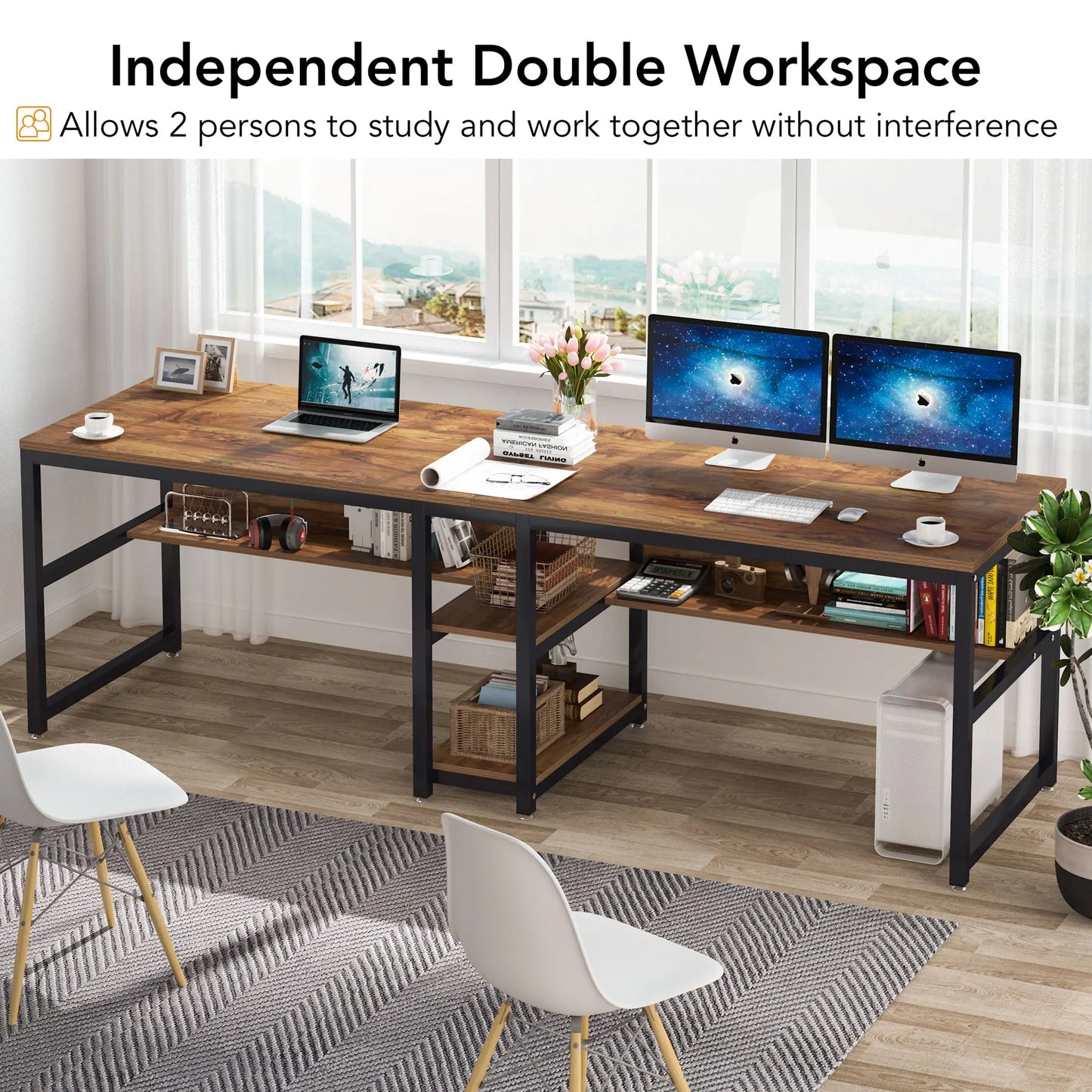 Ljustra Two Person Desk with Bookshelf Rustic Home Office Workstation