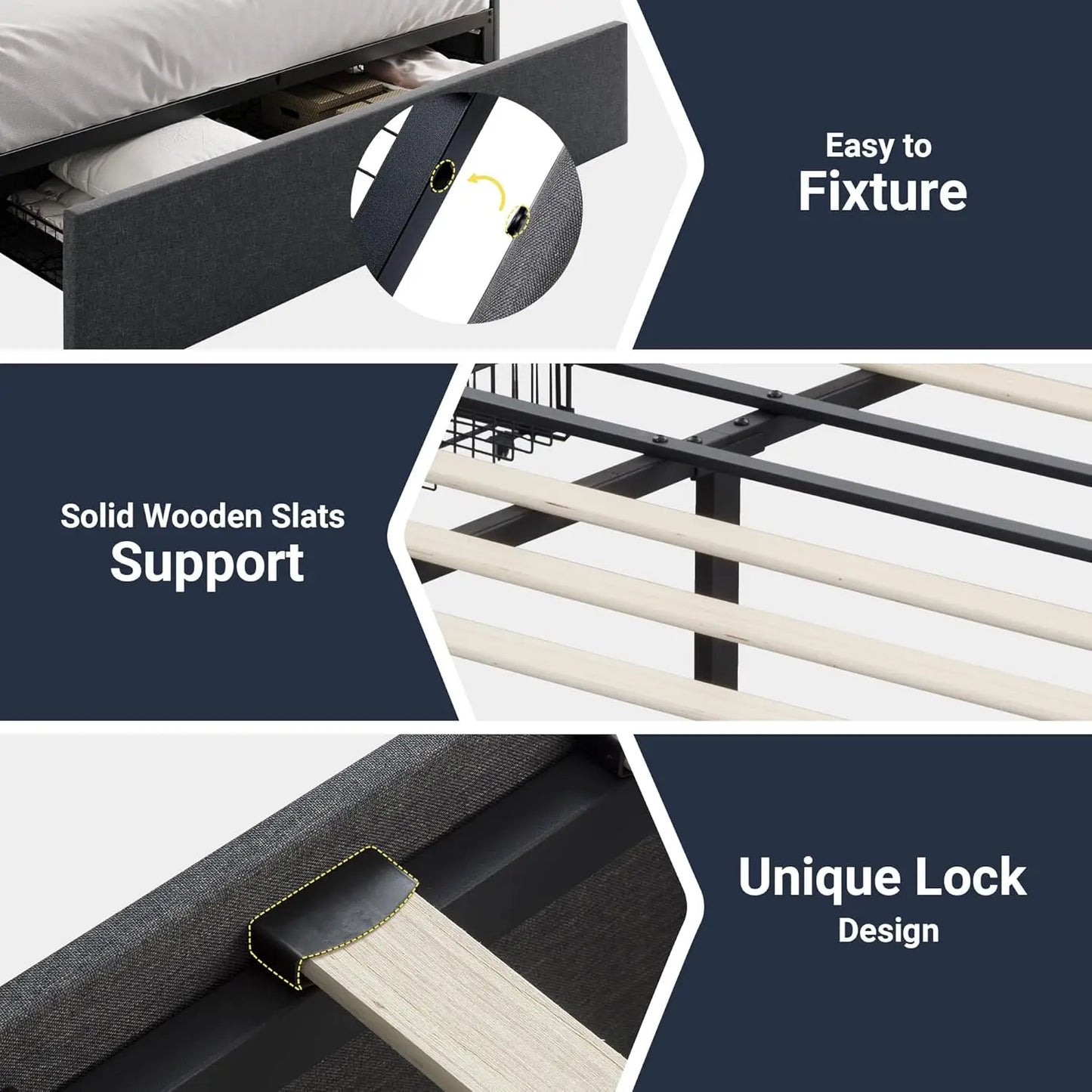 Queen Size Platform Bed Frame with 3 Storage Drawers No Box Spring