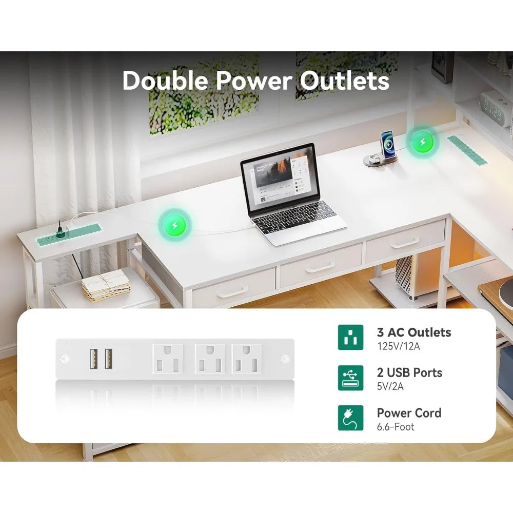 L Shaped Desk with File Drawers Gaming Desk with Power Outlets LED Lights