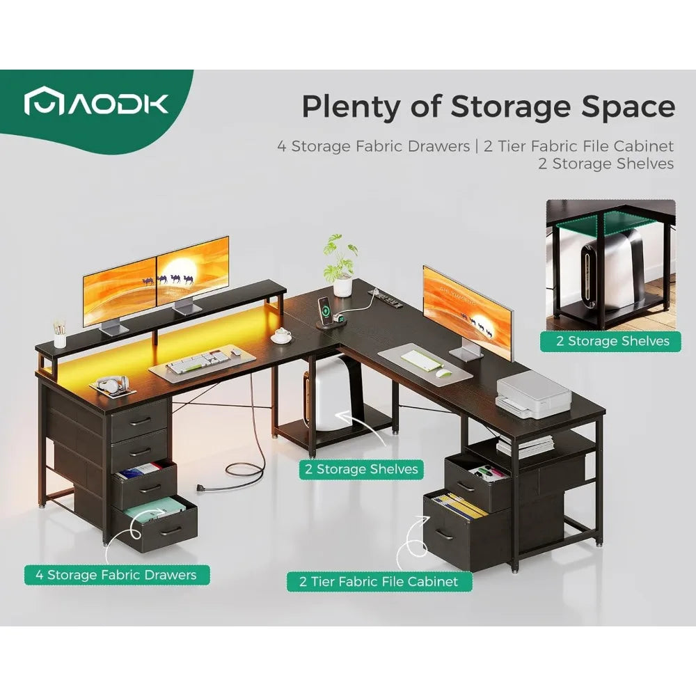 66 Inch L Shaped Computer Desk Reversible Home Office Desk with Drawers LED Light