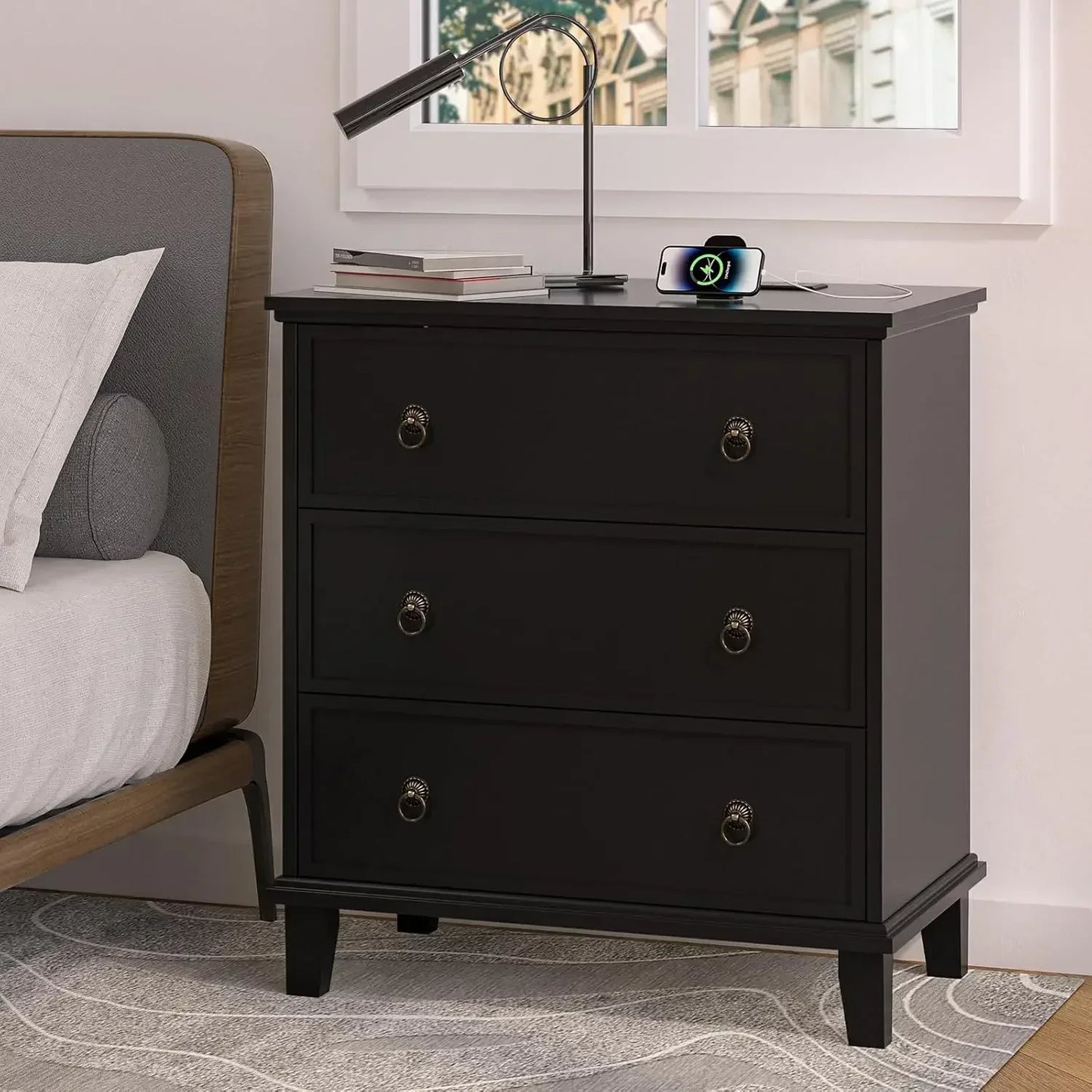 27.6 Inch Nightstand Set of 2 with Charging Station and 3 Drawers