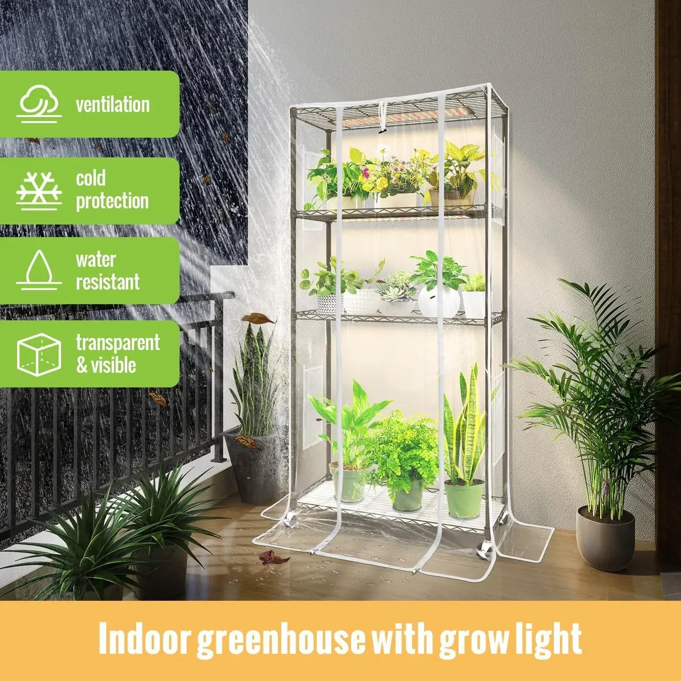 Indoor Greenhouse Plant Stand with Grow Light 4 Tier PVC Cover