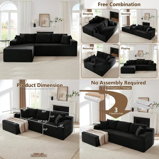 Black Corduroy Modular Sectional Couch Fluffy Cloud Living Room Sofa