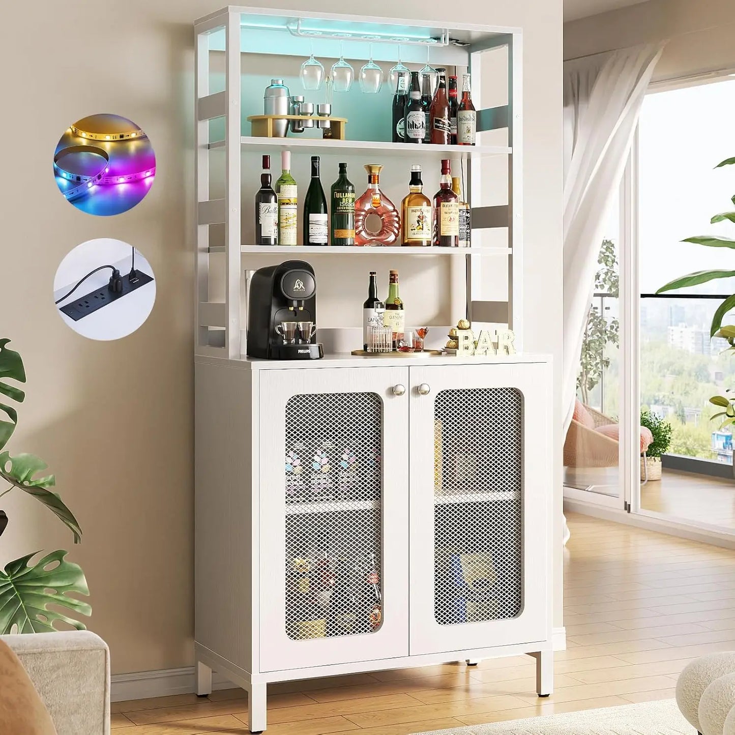 Tall Bar Cabinet with Power Outlets LED Lights Wine Liquor Storage