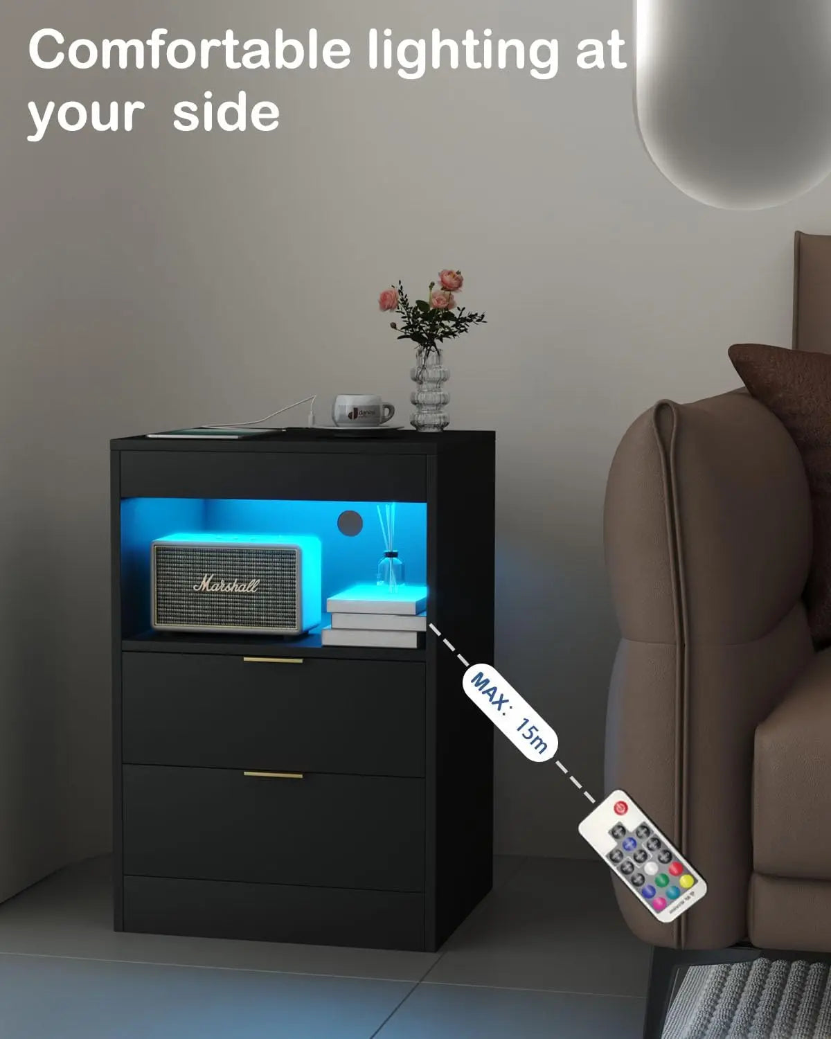 LED Nightstand with Charging Station and Drawers for Bedroom Decor