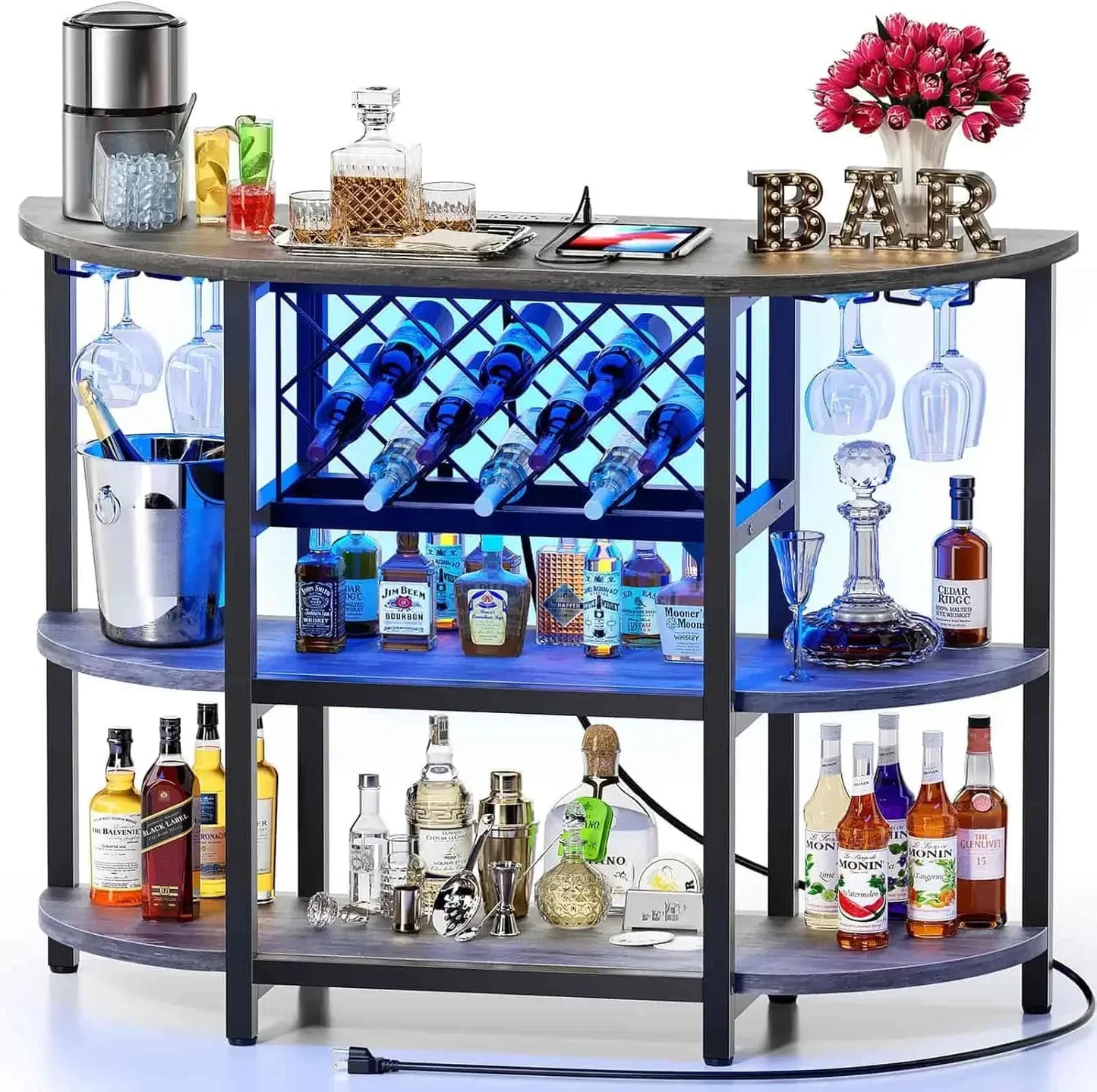 Bar Table Cabinet with Power Outlet LED Mini Bar 4-Tier Storage