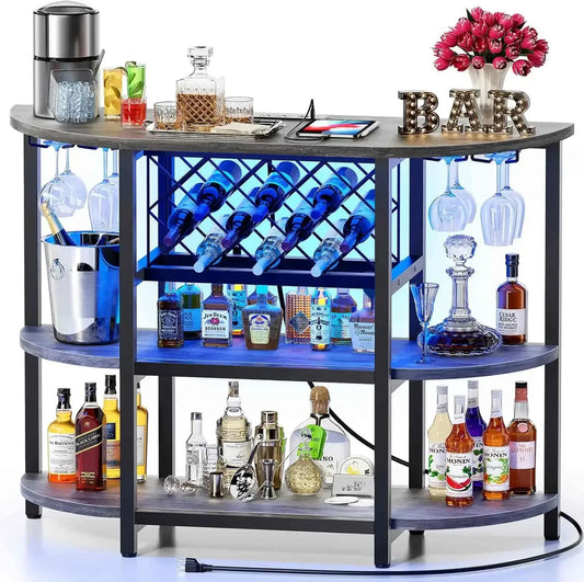 Bar Table Cabinet with Power Outlet LED Mini Bar 4-Tier Storage