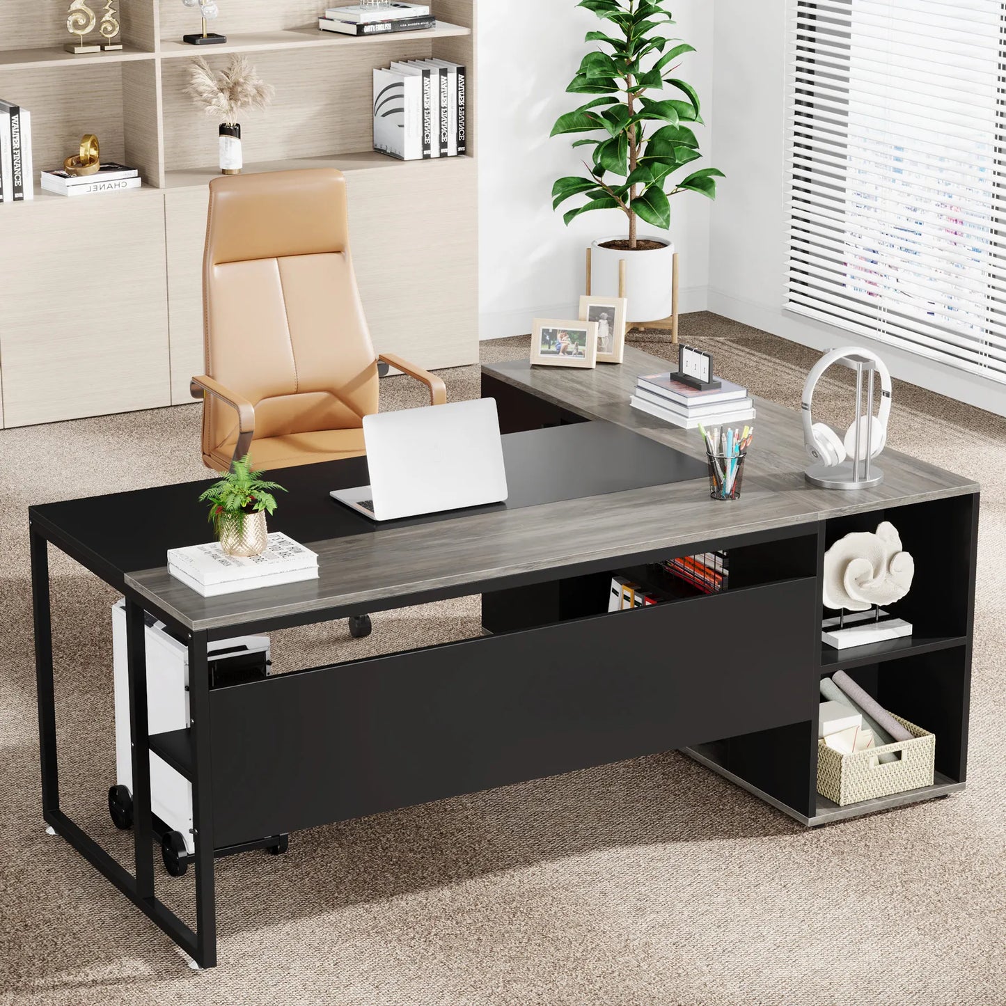 L Shaped Executive Desk with Storage Cabinet 71 Inch Office Furniture