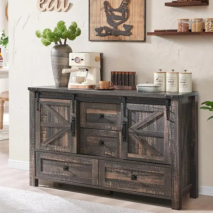 Farmhouse Buffet Cabinet with Sliding Barn Doors and Storage Drawers