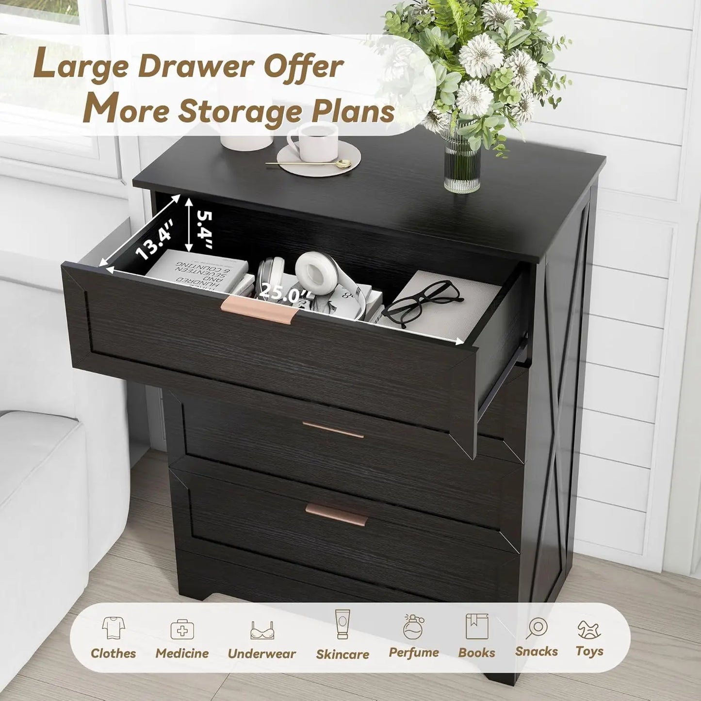 Tall Black Dresser with Large Drawers for Bedroom Closet Storage