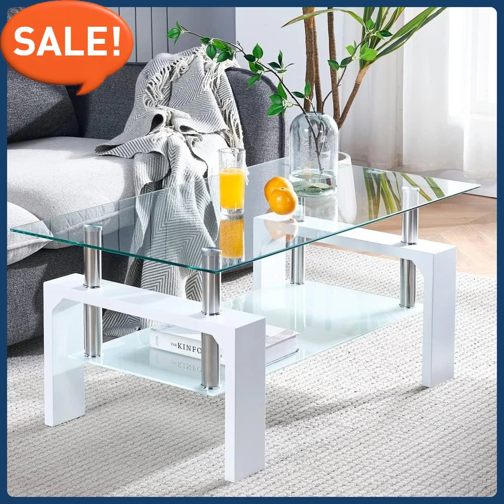 Modern Rectangle Coffee Table with Wooden Legs and Glass Top for Living Room