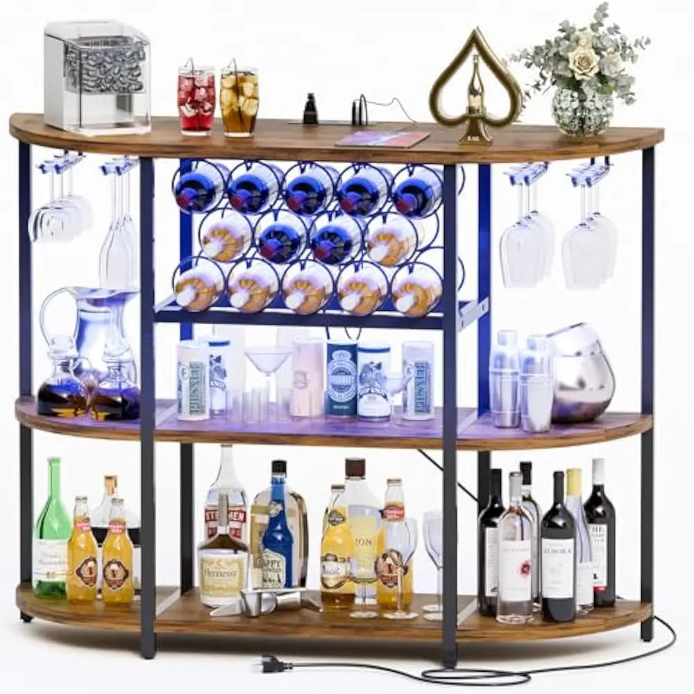 Wine Bar Cabinet with Lights and Outlet 4-Tier Storage Mini Bars for Home