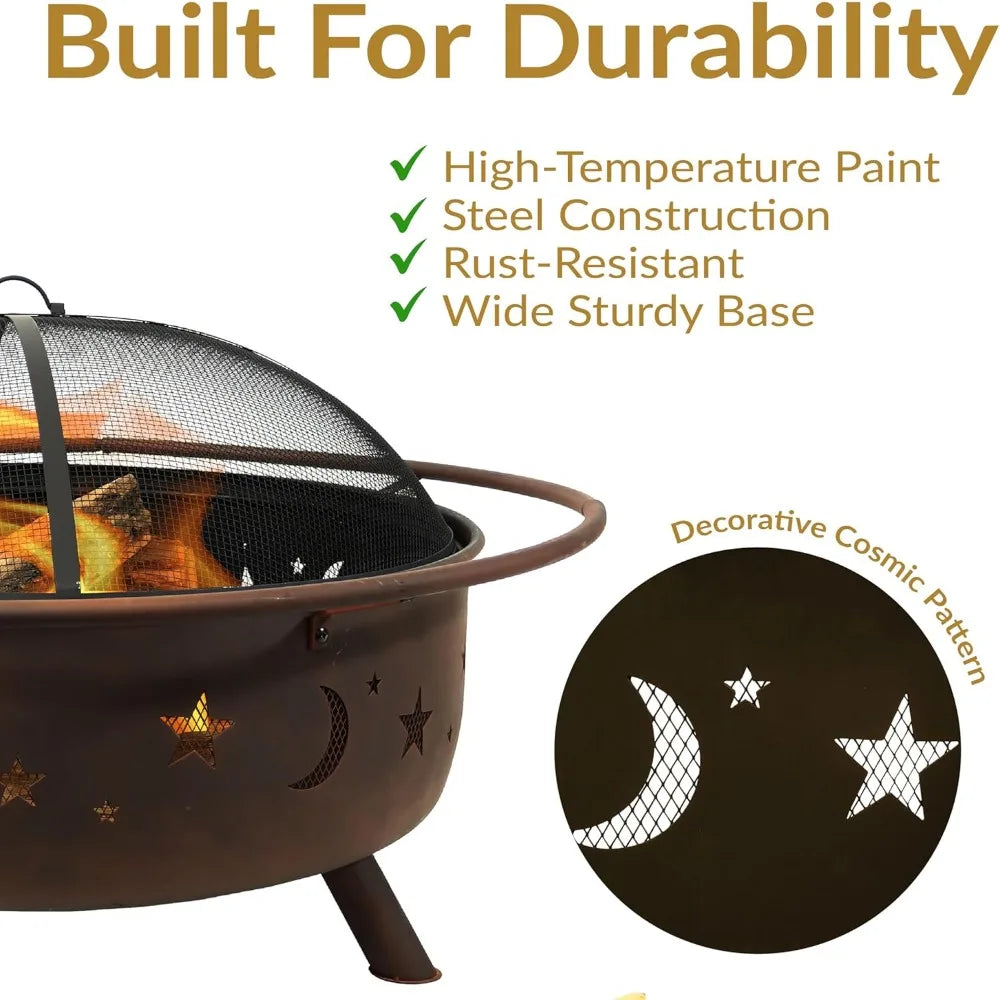 Cosmic Large Outdoor Fire Pit Wood Burning with Spark Screen and Poker