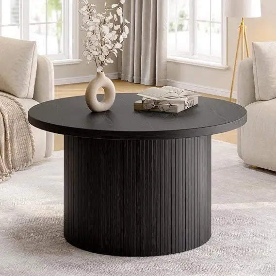 31.5 Inch Round Coffee Table Mid Century Modern Tambour Design Accent Table