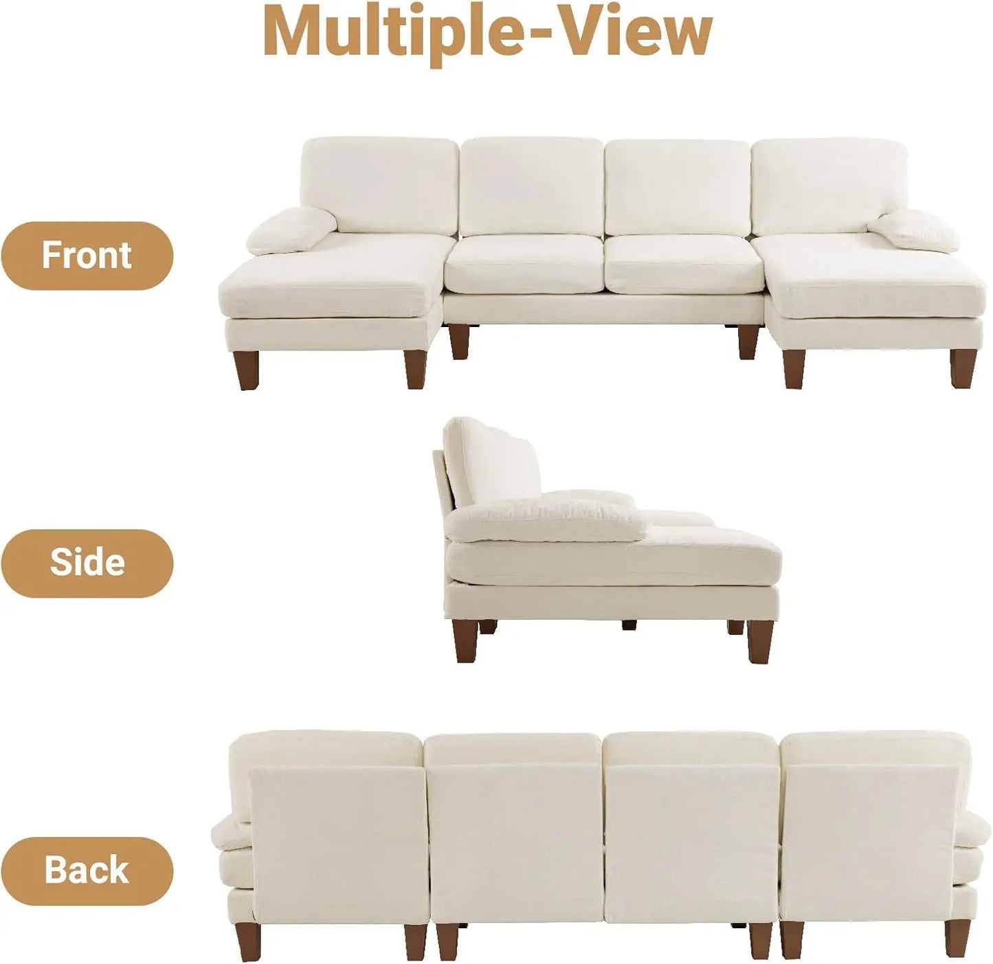 Ljustra Modern U-Shape Couch, 4-Seat Chenille Sectional Sofa, Burnt Orange, 110"