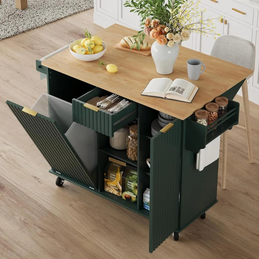 Rolling Kitchen Island with Trash Can Storage Portable Kitchen Cart