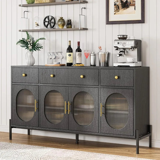 Buffet Cabinet Large Sideboard with Storage 62 Inch Wooden 3 Drawers 4 Doors