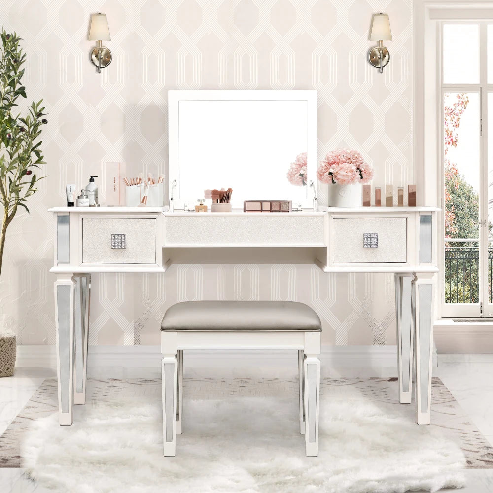 Luxury Mirrored Vanity Desk Set with Stool and Drawer Storage for Bedroom