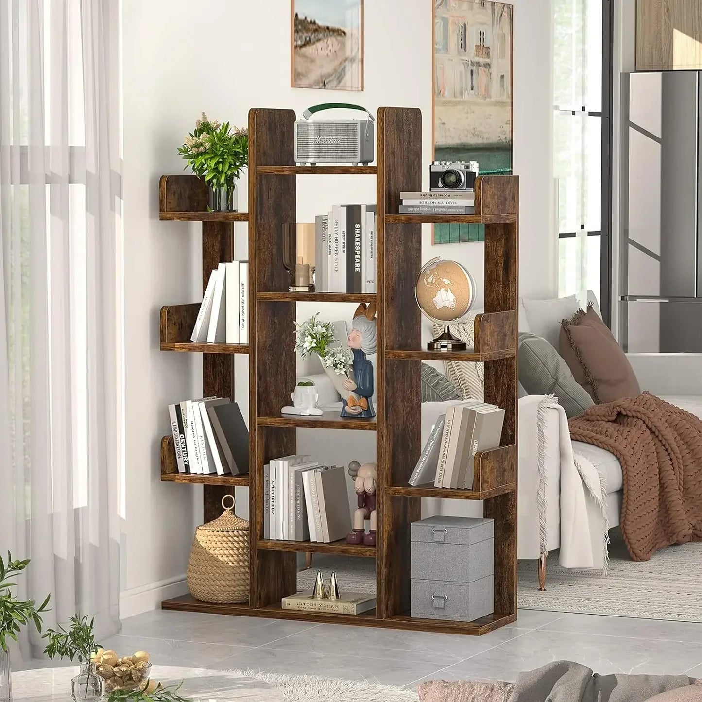 Tree-Shaped Bookshelf 13 Compartments Wooden Bookcase Storage Shelf