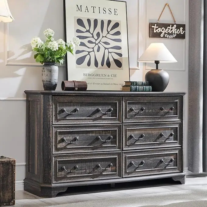 Farmhouse 6 Drawer Dresser Rustic Chest Storage Organizer for Bedroom
