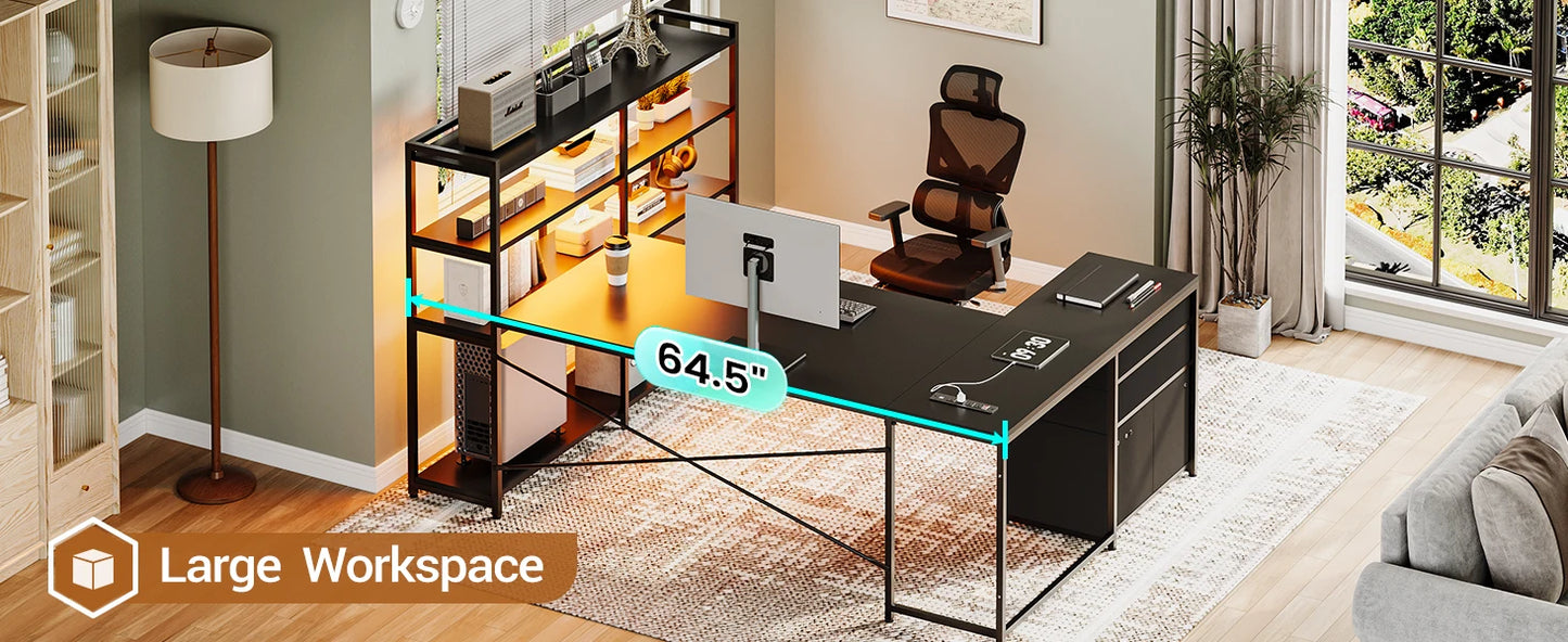 L Shaped Gaming Desk with Power Outlet LED Lights and Storage Shelves