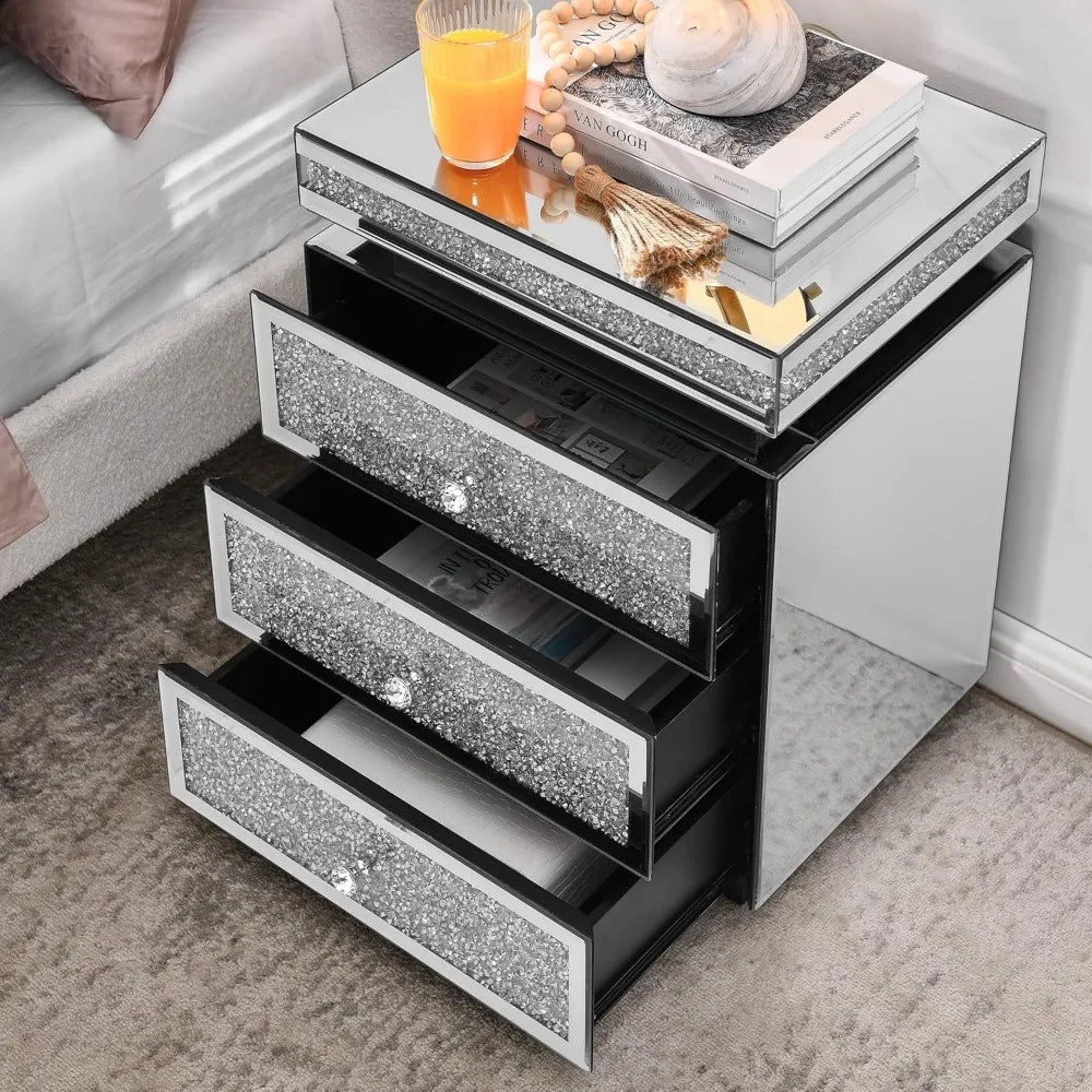 Luxury Crystal Mirrored Nightstand Bedside Cupboard Modern Furniture