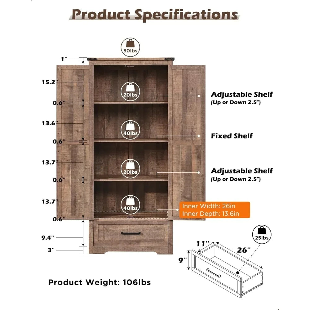 72 Inch Tall Wood Storage Cabinet Farmhouse Kitchen Pantry Cabinet