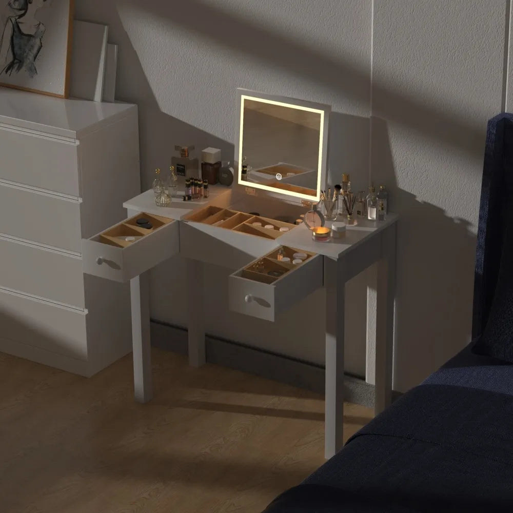 Elegant Black Vanity Table with LED Mirror and Jewelry Storage