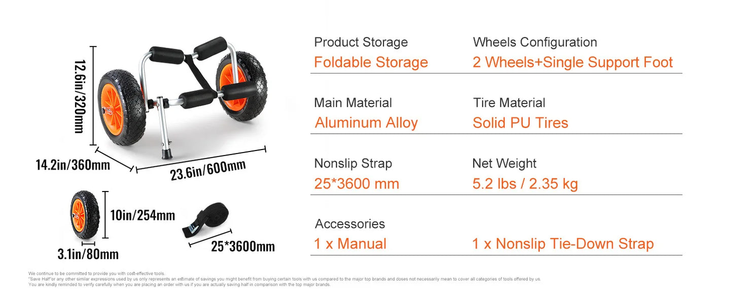 Ljustra Kayak Cart 250lbs Foldable Canoe Trolley with 10 Inch Tires