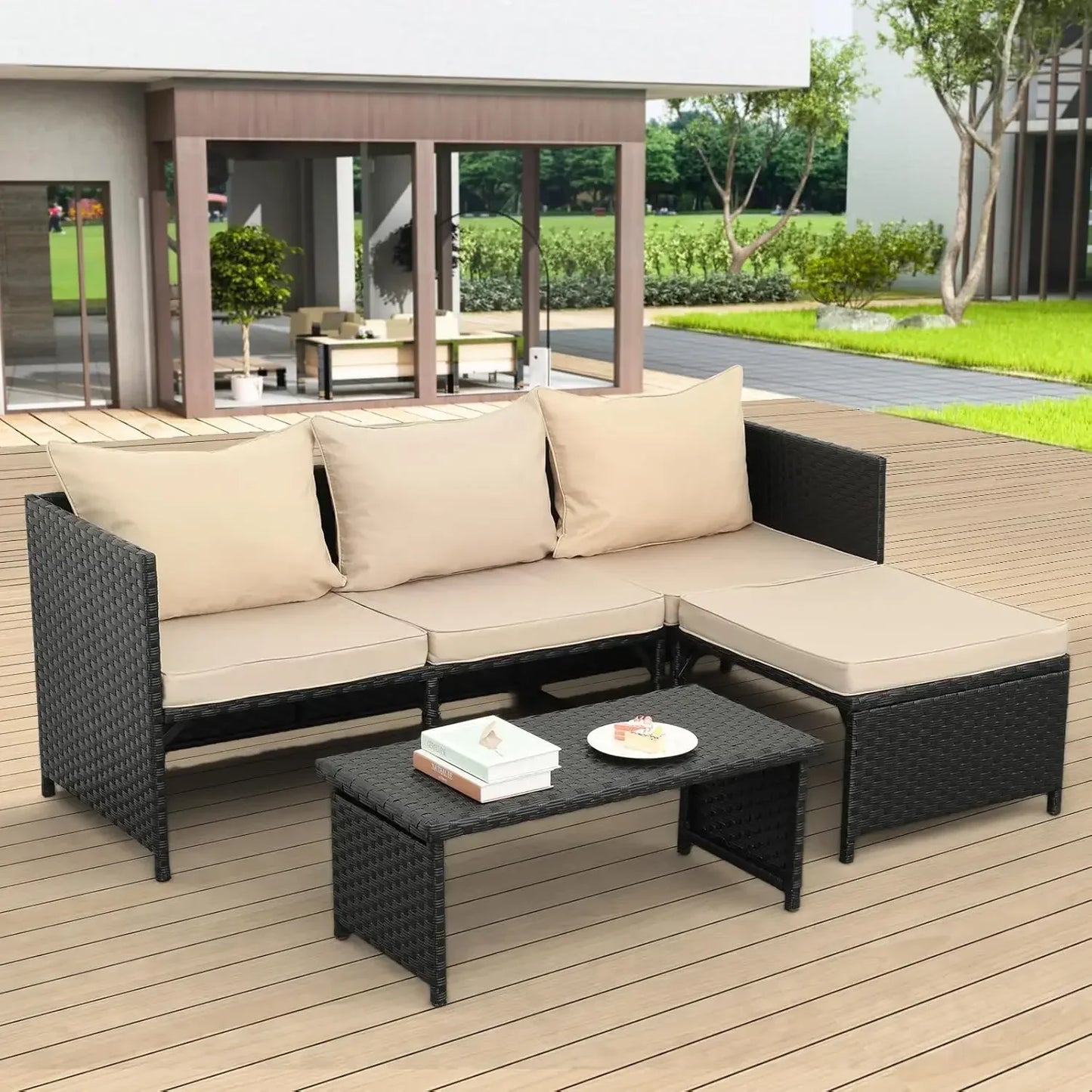 Valita 3-Piece Outdoor Rattan Furniture Set Patio Conversation Loveseat