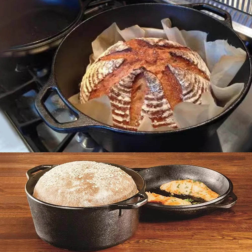 2 in 1 Cast Iron Dutch Oven Skillet Pot Set for Baking Camping BBQ
