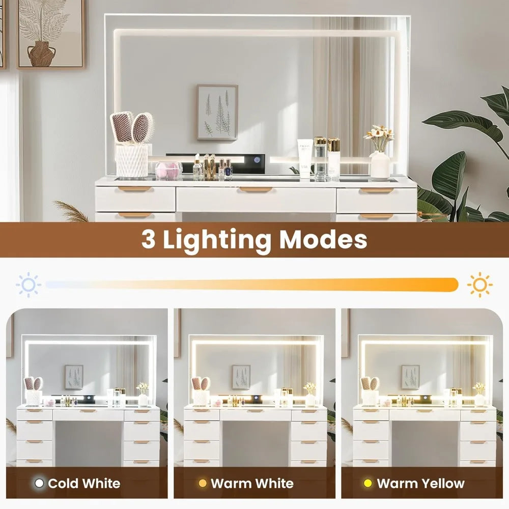 Ljustra Glass Top Vanity Desk with Mirror and Lights 11 Drawers Stylish Design