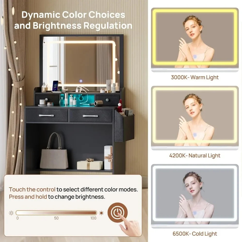 Ljustra Vanity Desk with LED Lighted Mirror and 4 Fabric Drawers
