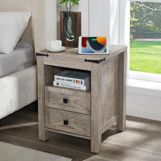 Nightstand with Charging Station 2 Drawers Farmhouse Bedside Table