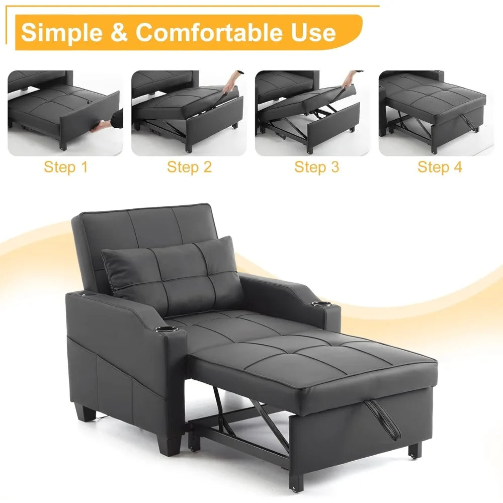 Sleeper Chair Convertible Sofa Bed with USB Ports Adjustable 3-in-1
