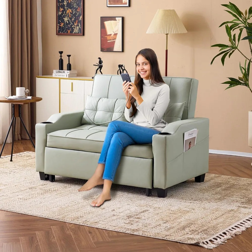 3-in-1 Convertible Futon Sleeper Sofa Bed Pull Out Loveseat with USB & Side Pockets
