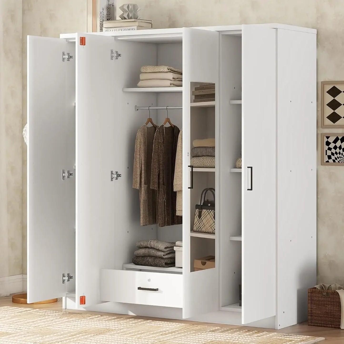 4-Door Wardrobe Armoire Closet with Drawers Shelves Hanging Rail