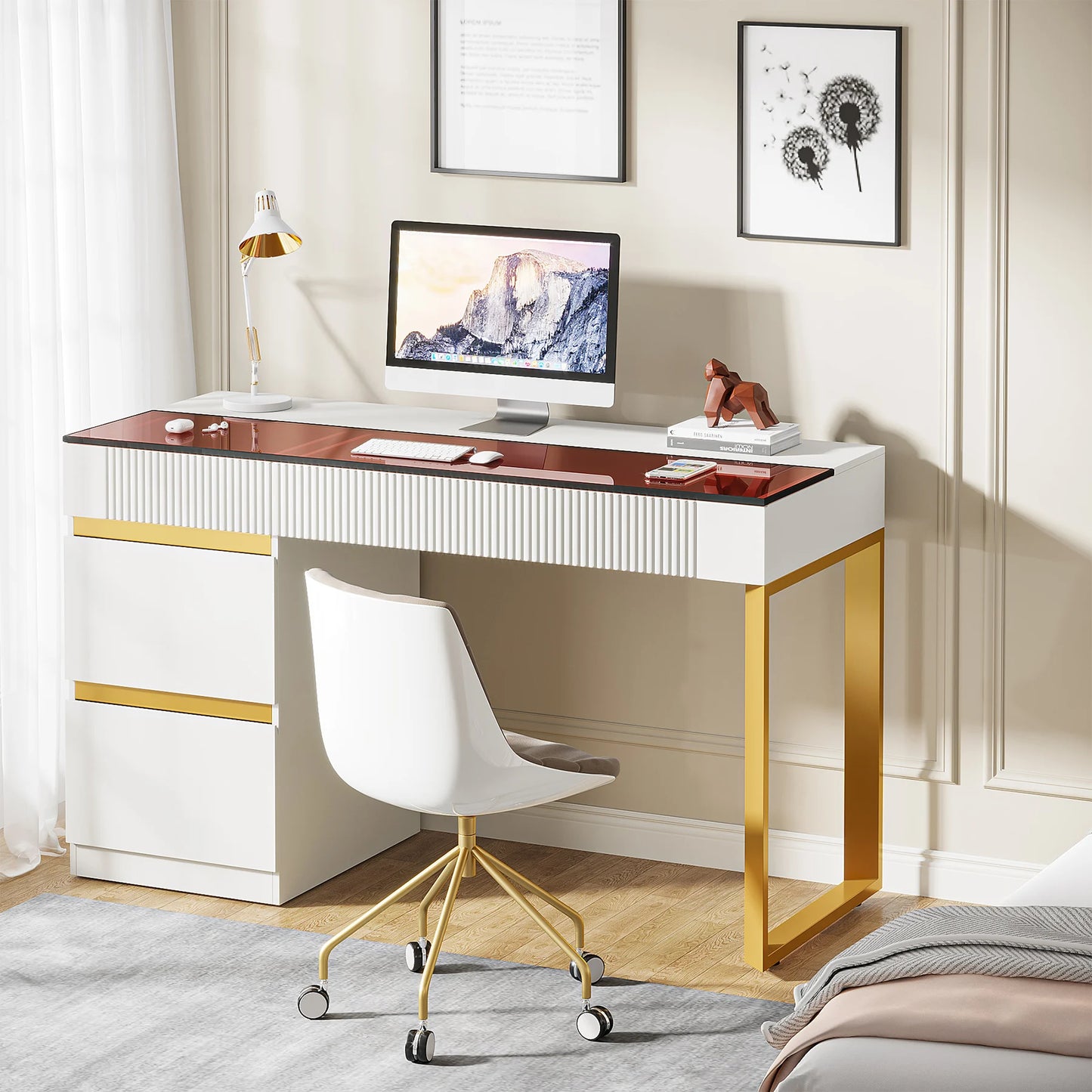 Modern 47 Inch Computer Desk with 4 Drawers Glass Top Home Office Furniture