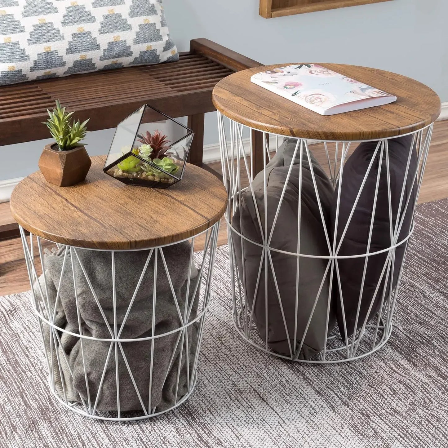 Set of 2 Nesting End Tables Round Side Tables with Removable Wood Tops