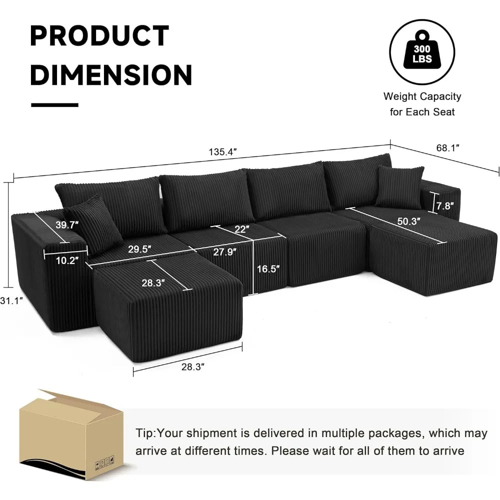 135.4" Modular U-Shaped Sofa Cloud Couch Deep Seat Corduroy Sectional
