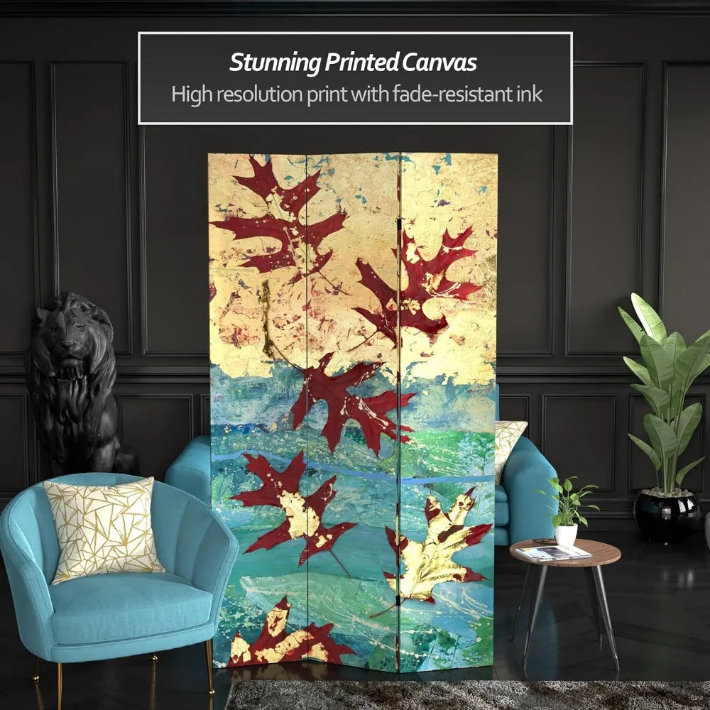 7ft Tall Double Sided Autumn Leaves Canvas Room Divider Folding Screen