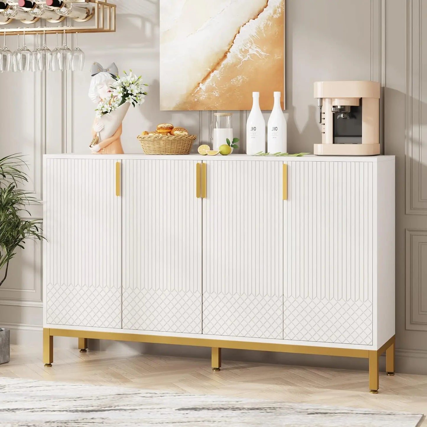 Luxury Buffet Cabinet Storage 59 Inch Sideboard with 4 Doors Kitchen