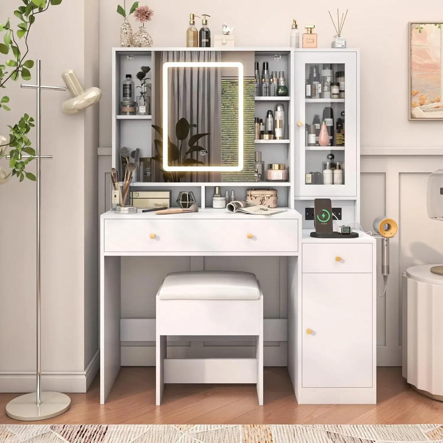 Makeup Mirror Desk with Charging Station and Storage for Girls Women