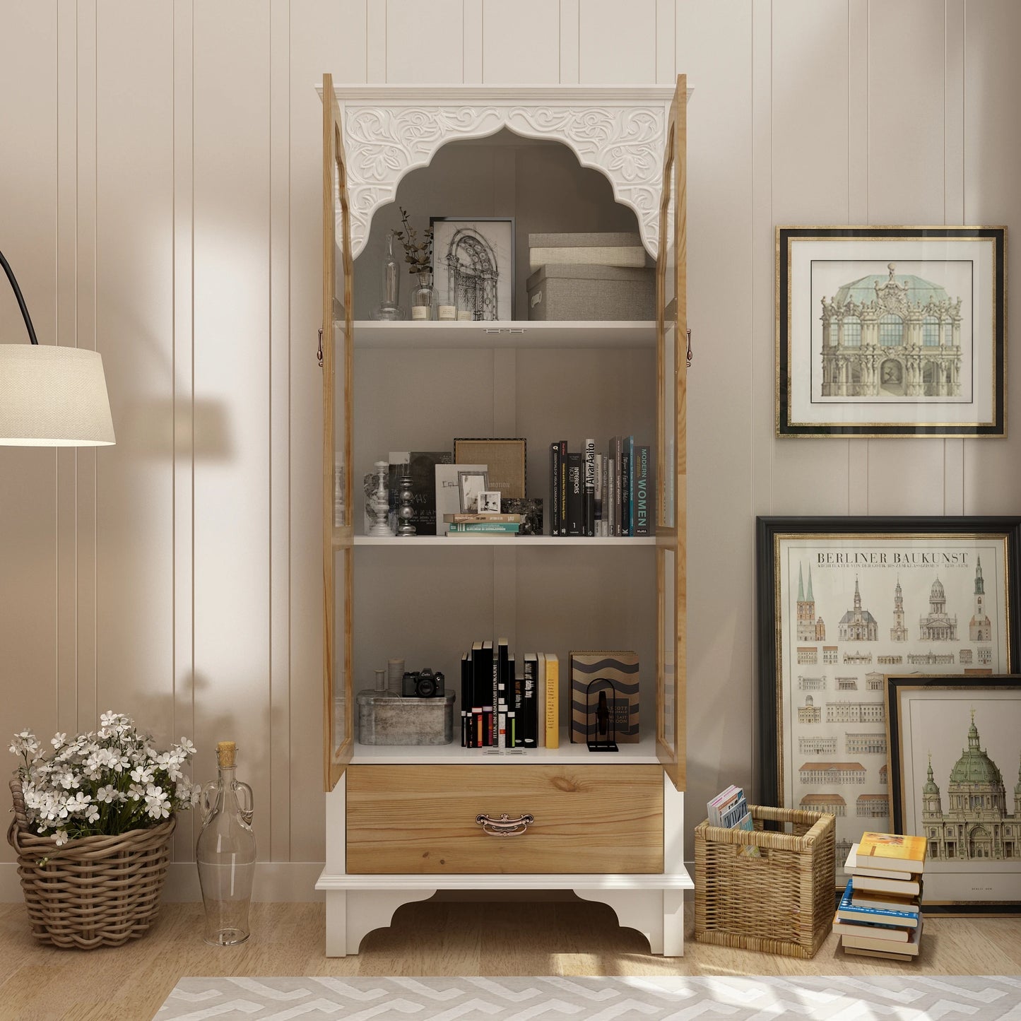 Ljustra Glass Display Cabinet 3 Shelves Drawer Modern Bookcase Storage